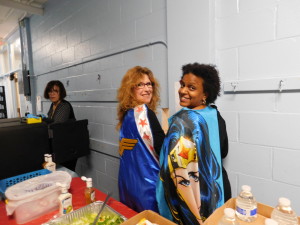 Dorman Elementary School paraprofessional Jennifer Gagnon and Principal Rhonda Stowell-Lewis show off their Wonder Woman capes.