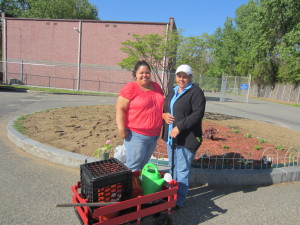 Jennie Lane Tenants' Association President Jessica Quinonez and her mother, Maria Valdez, stand in front of the community garden with the wagon and stool they use.