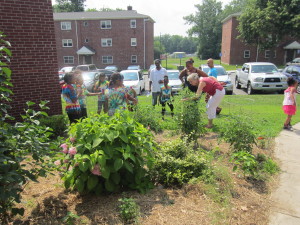 Karen Guillette andy her young gardeners inspect the garden outside the community center at Sullivan Apartments.