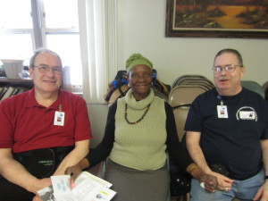 Robert Klupa, Springfield Deputy Commissioner of Health and Human Services Betty Anderson Frederic, and Robert Hackett, helped seniors at Morris Apartments to be ready for emergencies. Klupa and Hackett are volunteers with the Springfield Medical Reserve Corps.