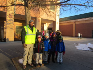 SHA's Joe Dumpson and some of his charges on the Walking School Bus at Rebecca Johnson School.