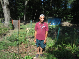 Jamie Rivera in front of a section of his garden at Springfield Housing Authority's Morris School Apartments.